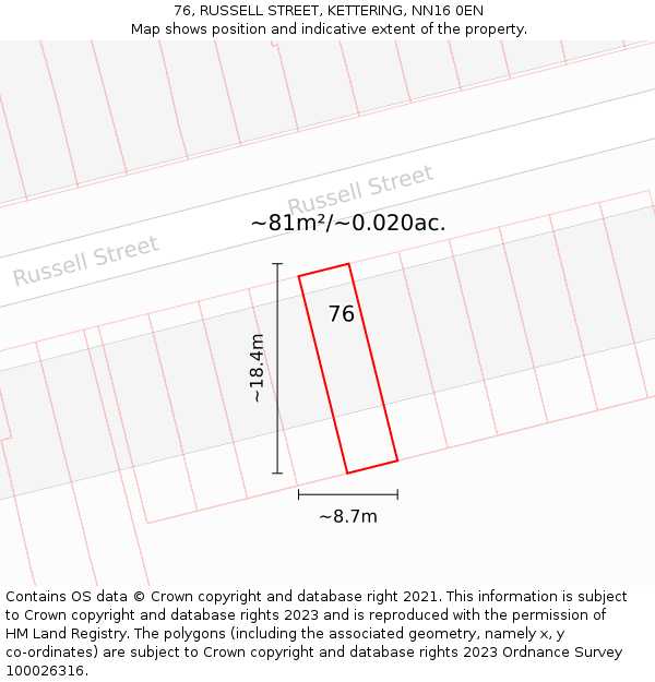 76, RUSSELL STREET, KETTERING, NN16 0EN: Plot and title map