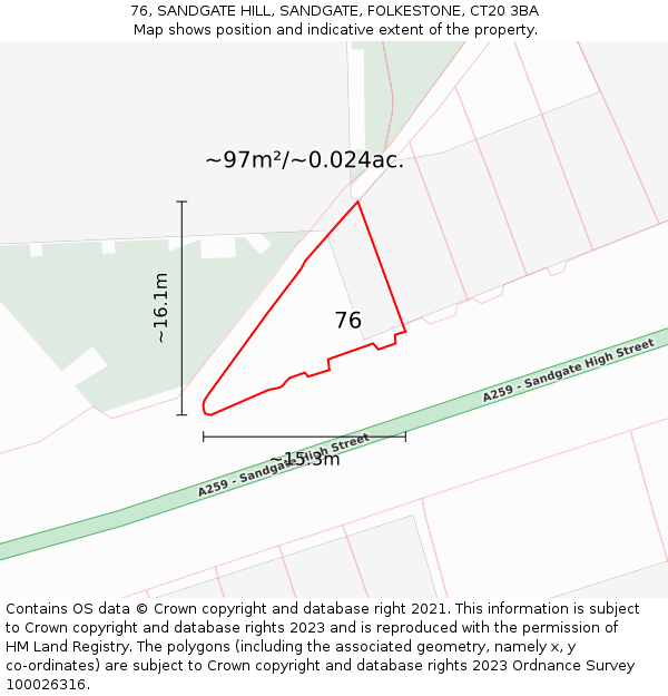 76, SANDGATE HILL, SANDGATE, FOLKESTONE, CT20 3BA: Plot and title map