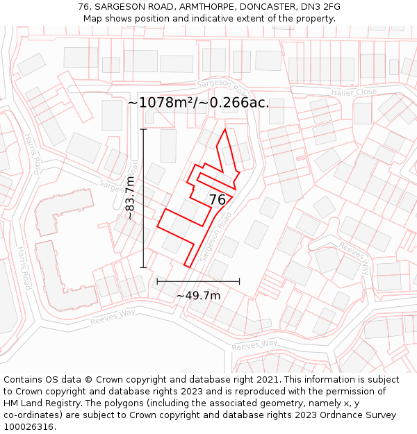 76, SARGESON ROAD, ARMTHORPE, DONCASTER, DN3 2FG: Plot and title map