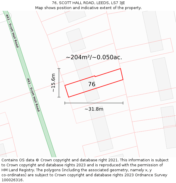 76, SCOTT HALL ROAD, LEEDS, LS7 3JE: Plot and title map