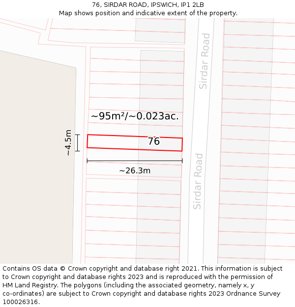 76, SIRDAR ROAD, IPSWICH, IP1 2LB: Plot and title map