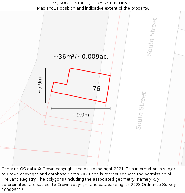 76, SOUTH STREET, LEOMINSTER, HR6 8JF: Plot and title map