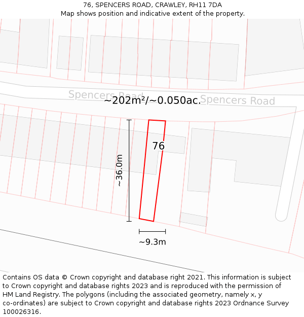 76, SPENCERS ROAD, CRAWLEY, RH11 7DA: Plot and title map