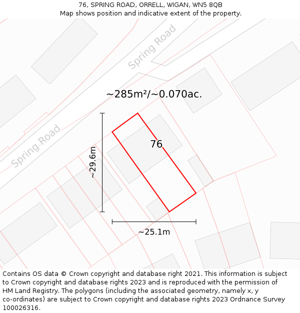 76, SPRING ROAD, ORRELL, WIGAN, WN5 8QB: Plot and title map