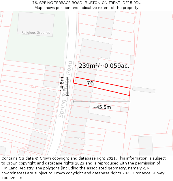 76, SPRING TERRACE ROAD, BURTON-ON-TRENT, DE15 9DU: Plot and title map