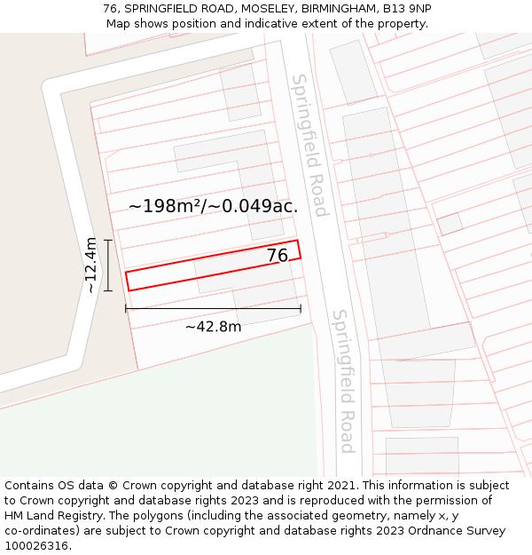 76, SPRINGFIELD ROAD, MOSELEY, BIRMINGHAM, B13 9NP: Plot and title map