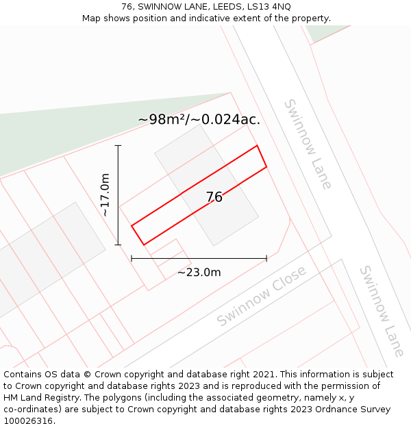 76, SWINNOW LANE, LEEDS, LS13 4NQ: Plot and title map