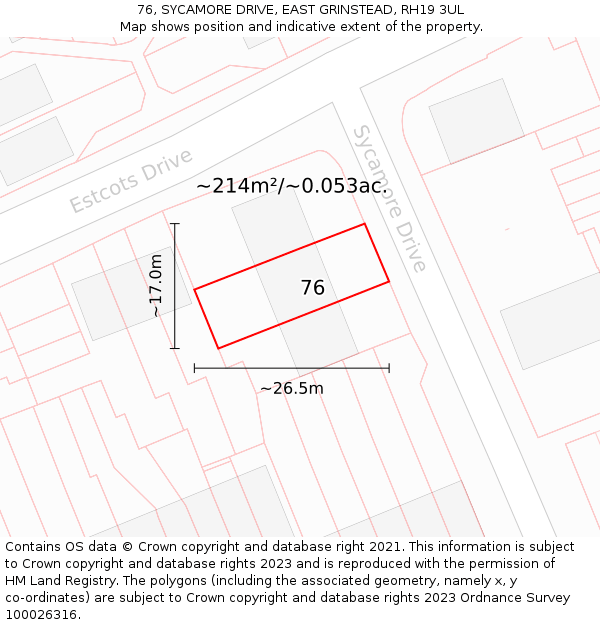 76, SYCAMORE DRIVE, EAST GRINSTEAD, RH19 3UL: Plot and title map
