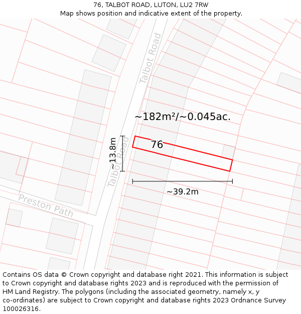 76, TALBOT ROAD, LUTON, LU2 7RW: Plot and title map
