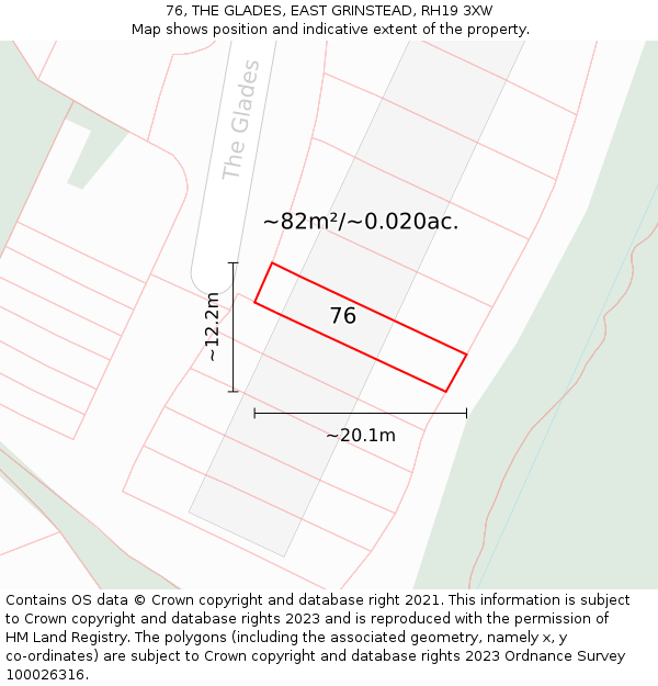 76, THE GLADES, EAST GRINSTEAD, RH19 3XW: Plot and title map