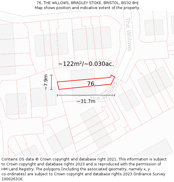 76, THE WILLOWS, BRADLEY STOKE, BRISTOL, BS32 8HJ: Plot and title map