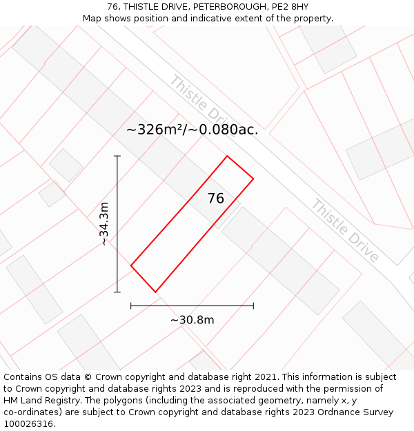 76, THISTLE DRIVE, PETERBOROUGH, PE2 8HY: Plot and title map