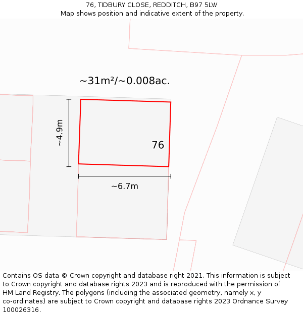 76, TIDBURY CLOSE, REDDITCH, B97 5LW: Plot and title map