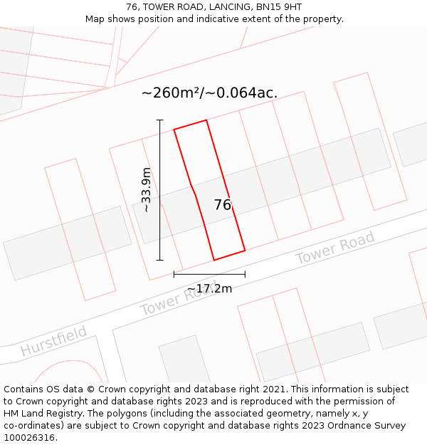 76, TOWER ROAD, LANCING, BN15 9HT: Plot and title map
