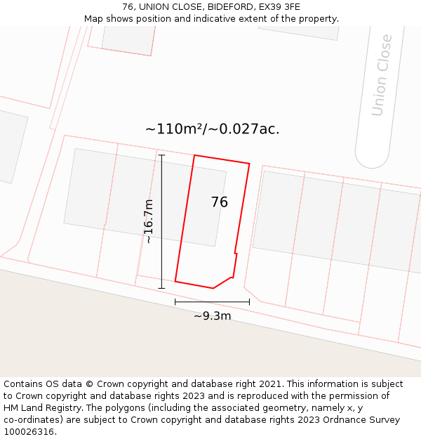 76, UNION CLOSE, BIDEFORD, EX39 3FE: Plot and title map