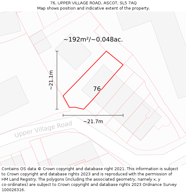 76, UPPER VILLAGE ROAD, ASCOT, SL5 7AQ: Plot and title map
