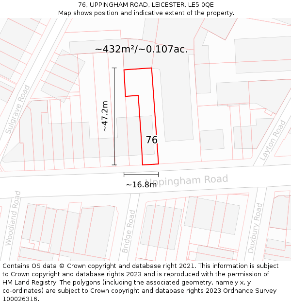 76, UPPINGHAM ROAD, LEICESTER, LE5 0QE: Plot and title map