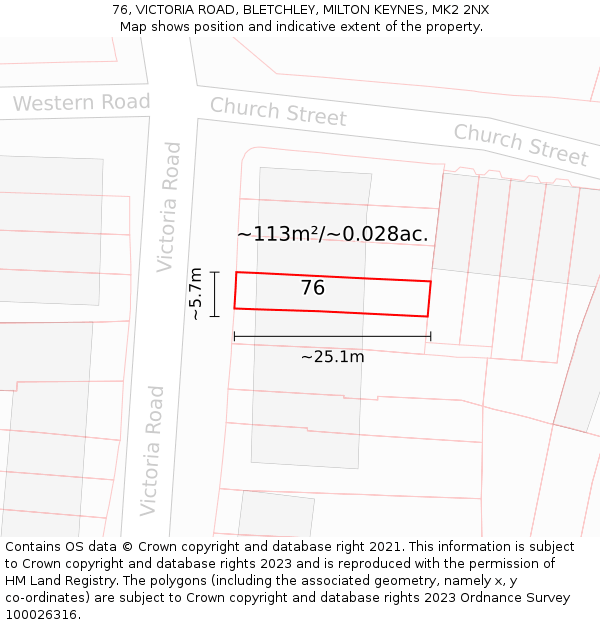 76, VICTORIA ROAD, BLETCHLEY, MILTON KEYNES, MK2 2NX: Plot and title map
