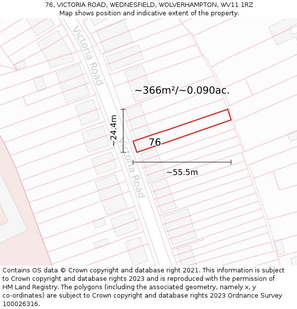 76, VICTORIA ROAD, WEDNESFIELD, WOLVERHAMPTON, WV11 1RZ: Plot and title map