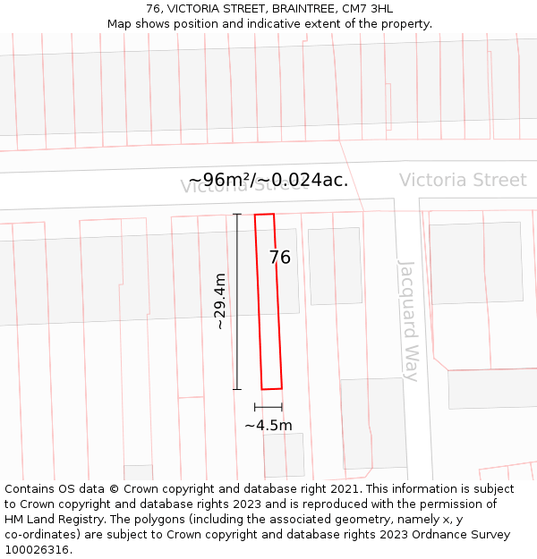 76, VICTORIA STREET, BRAINTREE, CM7 3HL: Plot and title map