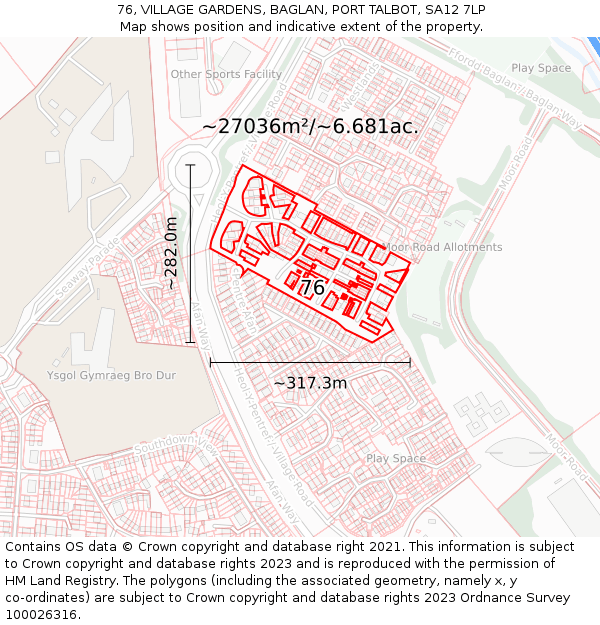 76, VILLAGE GARDENS, BAGLAN, PORT TALBOT, SA12 7LP: Plot and title map