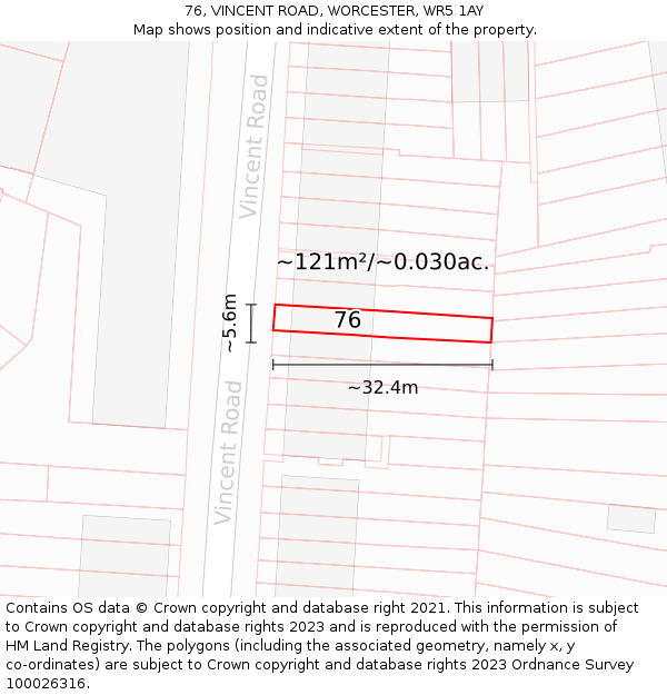 76, VINCENT ROAD, WORCESTER, WR5 1AY: Plot and title map