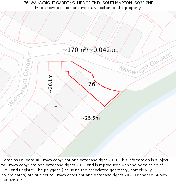 76, WAINWRIGHT GARDENS, HEDGE END, SOUTHAMPTON, SO30 2NF: Plot and title map