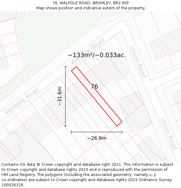 76, WALPOLE ROAD, BROMLEY, BR2 9SF: Plot and title map