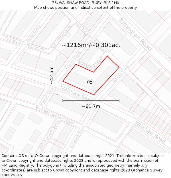 76, WALSHAW ROAD, BURY, BL8 1NX: Plot and title map