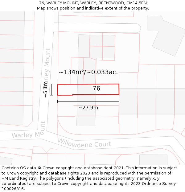 76, WARLEY MOUNT, WARLEY, BRENTWOOD, CM14 5EN: Plot and title map