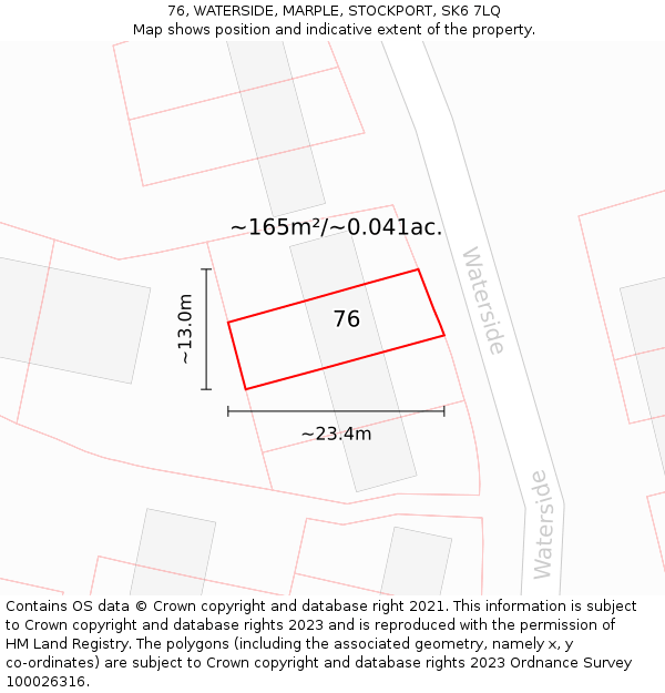 76, WATERSIDE, MARPLE, STOCKPORT, SK6 7LQ: Plot and title map