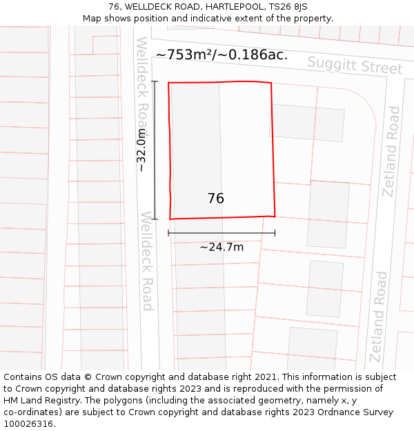 76, WELLDECK ROAD, HARTLEPOOL, TS26 8JS: Plot and title map
