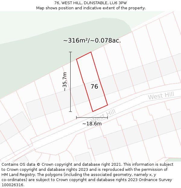 76, WEST HILL, DUNSTABLE, LU6 3PW: Plot and title map