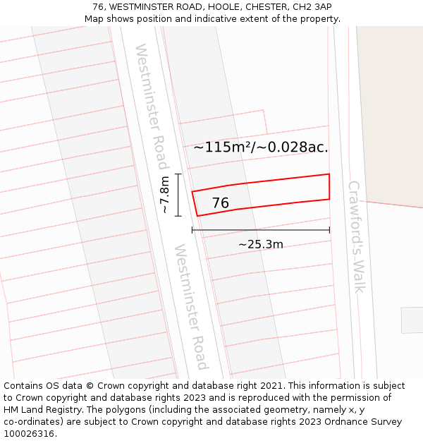 76, WESTMINSTER ROAD, HOOLE, CHESTER, CH2 3AP: Plot and title map