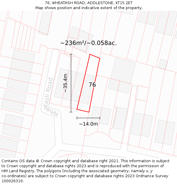 76, WHEATASH ROAD, ADDLESTONE, KT15 2ET: Plot and title map