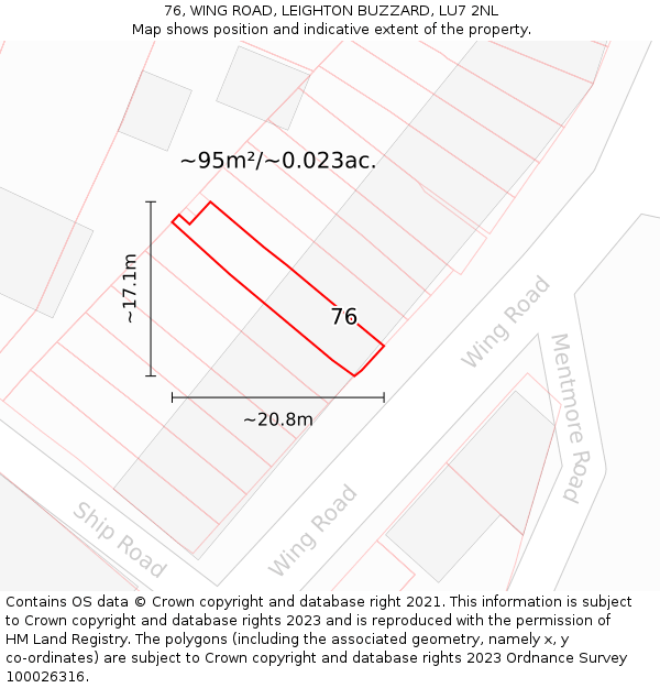 76, WING ROAD, LEIGHTON BUZZARD, LU7 2NL: Plot and title map