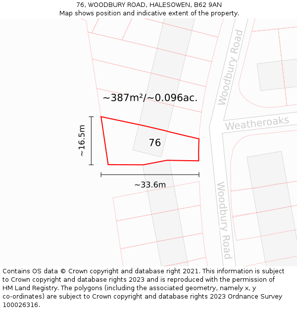 76, WOODBURY ROAD, HALESOWEN, B62 9AN: Plot and title map