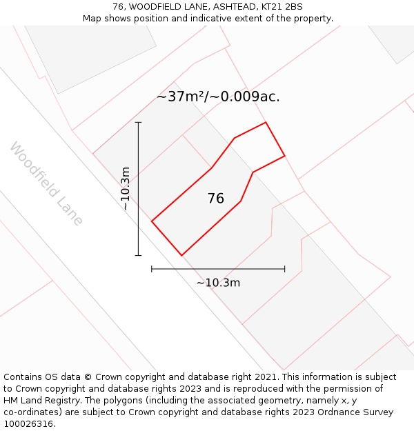 76, WOODFIELD LANE, ASHTEAD, KT21 2BS: Plot and title map