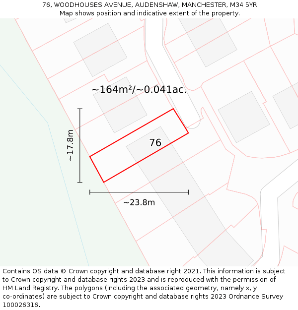 76, WOODHOUSES AVENUE, AUDENSHAW, MANCHESTER, M34 5YR: Plot and title map