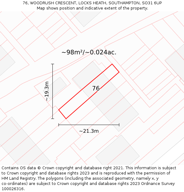 76, WOODRUSH CRESCENT, LOCKS HEATH, SOUTHAMPTON, SO31 6UP: Plot and title map