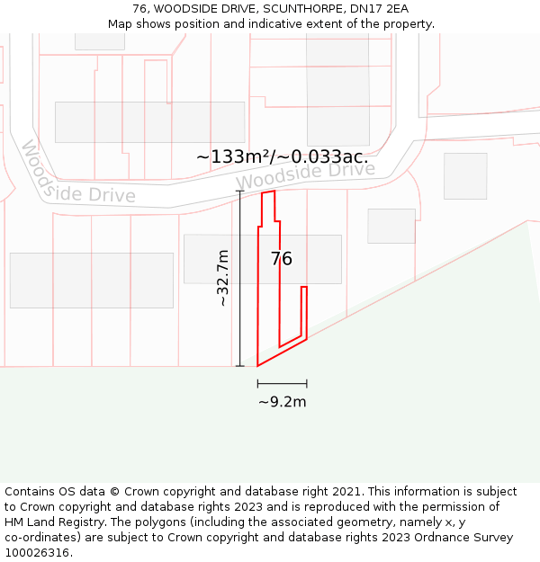 76, WOODSIDE DRIVE, SCUNTHORPE, DN17 2EA: Plot and title map