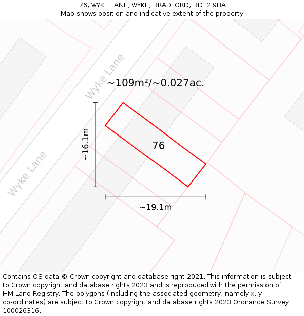 76, WYKE LANE, WYKE, BRADFORD, BD12 9BA: Plot and title map
