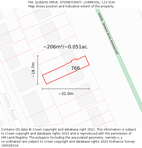 766, QUEENS DRIVE, STONEYCROFT, LIVERPOOL, L13 5UH: Plot and title map