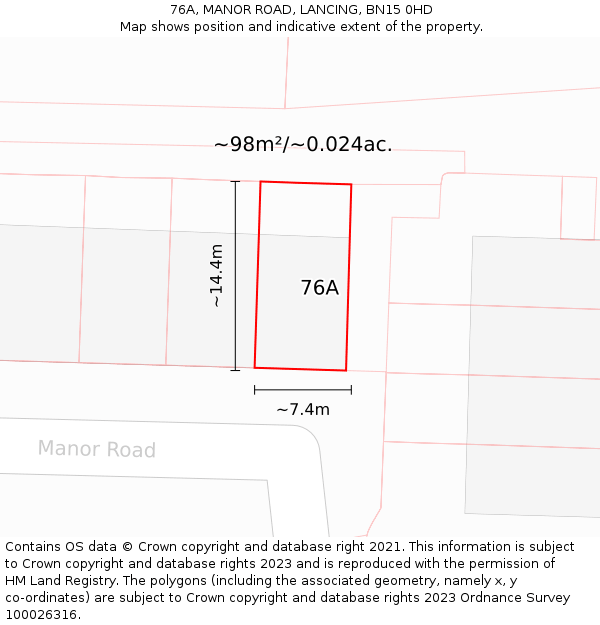 76A, MANOR ROAD, LANCING, BN15 0HD: Plot and title map