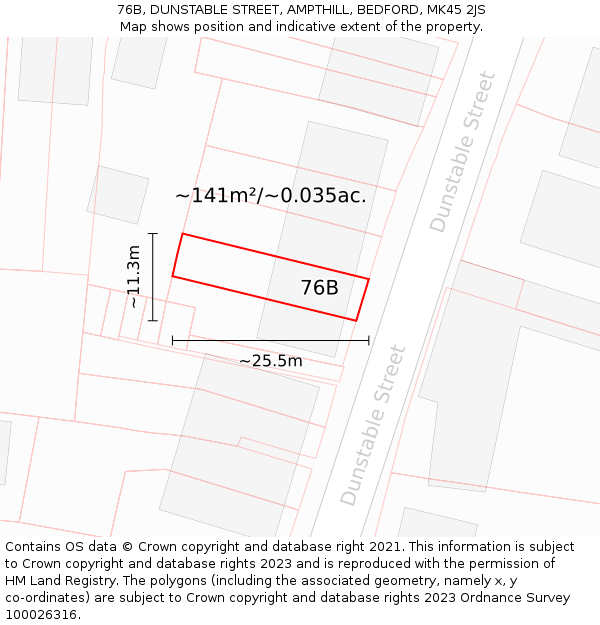 76B, DUNSTABLE STREET, AMPTHILL, BEDFORD, MK45 2JS: Plot and title map