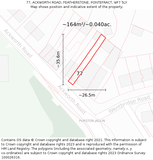77, ACKWORTH ROAD, FEATHERSTONE, PONTEFRACT, WF7 5LY: Plot and title map