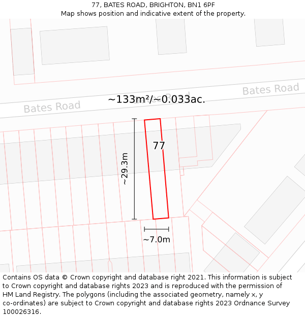 77, BATES ROAD, BRIGHTON, BN1 6PF: Plot and title map