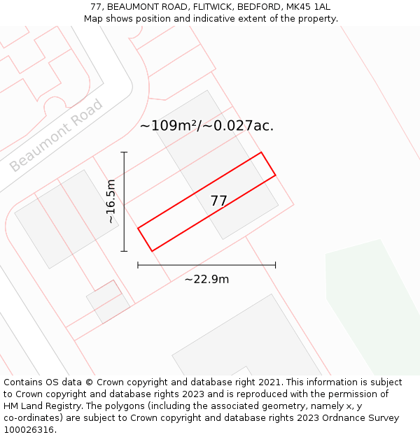 77, BEAUMONT ROAD, FLITWICK, BEDFORD, MK45 1AL: Plot and title map