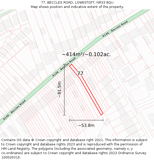77, BECCLES ROAD, LOWESTOFT, NR33 8QU: Plot and title map