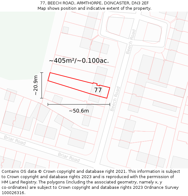 77, BEECH ROAD, ARMTHORPE, DONCASTER, DN3 2EF: Plot and title map